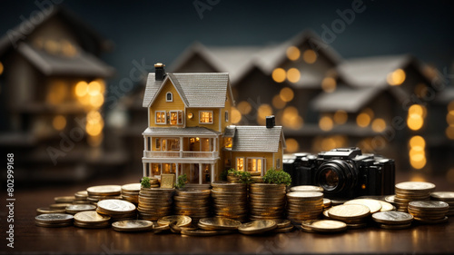 Miniature house with coins around it. A financial concept with property investment business. AI-Generated