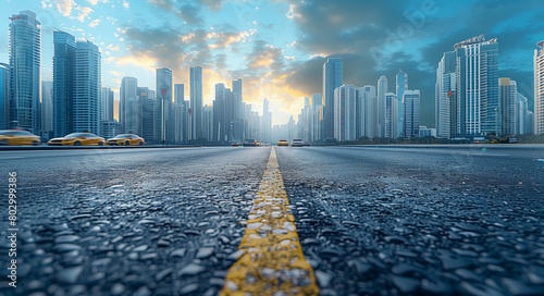 Cityscape With Empty Road. Empty asphalt floor street background with modern city buildings and blue sky.