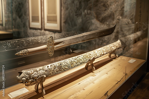 A ceremonial silver sword displayed in a museum captivates with its craftsmanship - embodying stories of power and tradition