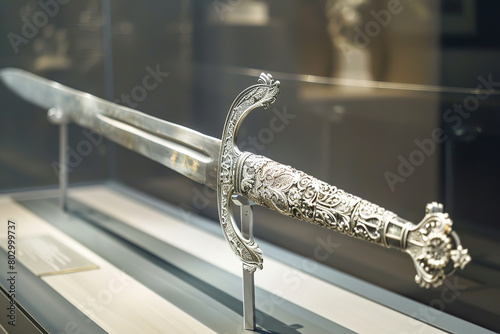 A ceremonial silver sword displayed in a museum captivates with its craftsmanship - embodying stories of power and tradition photo