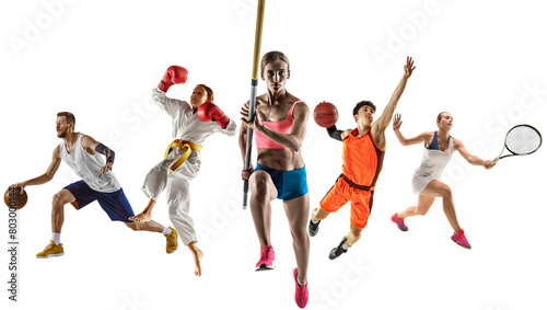 Collage made of different athletes in motion, training different kind of sports isolated on transparent background. Endurance and strength. Concept of sport, achievements, competition, championship. photo