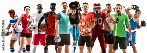 Collage. Tennis, running, badminton, soccer and American football, basketball, handball, volleyball, boxing, MMA fighter and rugby players. woman and men standing isolated on transparent background