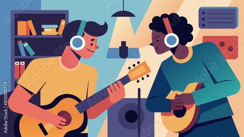 Two aspiring musicians jamming together in a cramped apartment sharing the same pair of headphones and perfecting their harmonies. Vector illustration