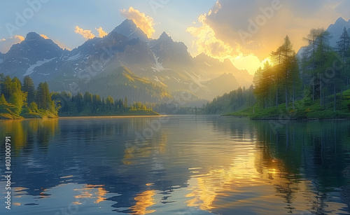 A tall mountain is reflected in the calm waters of a lake, creating a stunning natural scene with a serene atmosphere. The mountain is towering in the background, contrasting against the water.