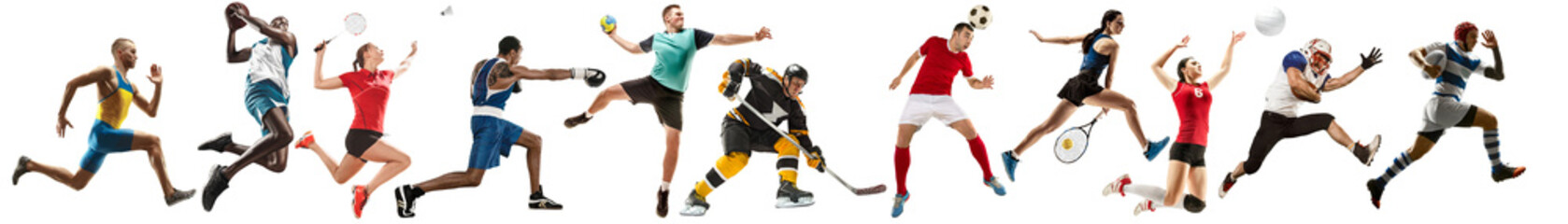 Collage of different professional sportsmen, fit men and women in action and motion isolated on transparent background. Concept of sport, achievements, competition, championship.