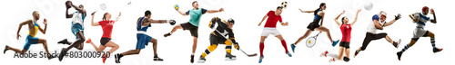 Collage of different professional sportsmen, fit men and women in action and motion isolated on transparent background. Concept of sport, achievements, competition, championship. photo
