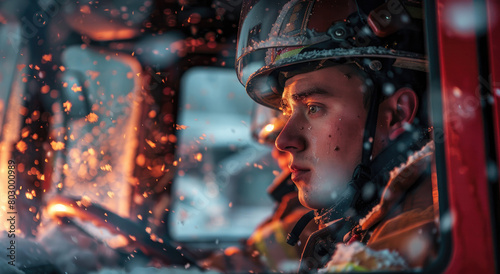 two firemen inside the cabin on an ice cold winter day  wearing black uniforms and helmets with reflective visors  one is driving while another sits in the passenger seat