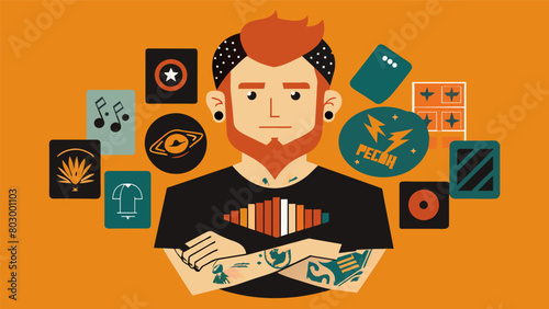 A tattoo artist surrounded by sketches of album covers creating a custom design for a client who is a diehard fan of the punk rock records playing in Vector illustration