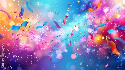 An abstract festive background bursts with vibrant colors and dynamic shapes  evoking a sense of celebration and joy. Sparkling confetti and swirling patterns