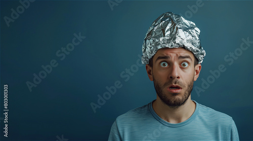 Man with a shocked expression is wearing tin foil hat