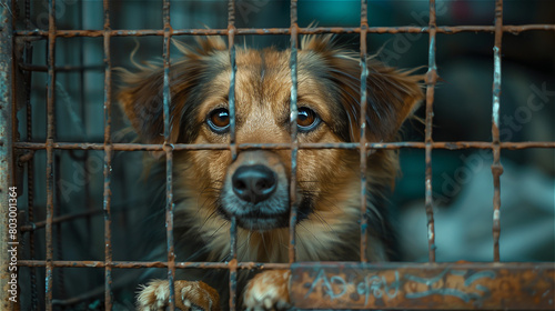 Stray homeless dog in animal cage starving behind the cage old rusty grating photo