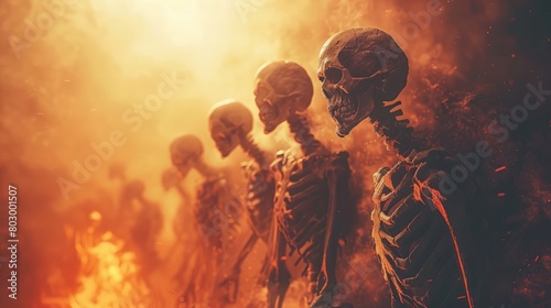A skeleton is positioned in front of a collection of pumpkins, creating a spooky and Halloween-themed scene photo