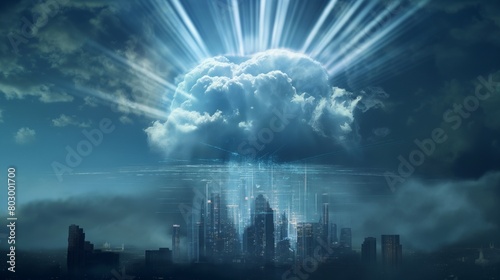 A cloud emitting rays of light that form a protective dome over a digital city, illustrating the concept of cloud security as a guardian of urban digital infrastructure.