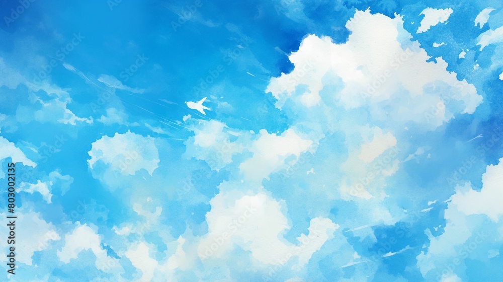A watercolor illustration of a bright summer day, with vivid blue skies and clouds.