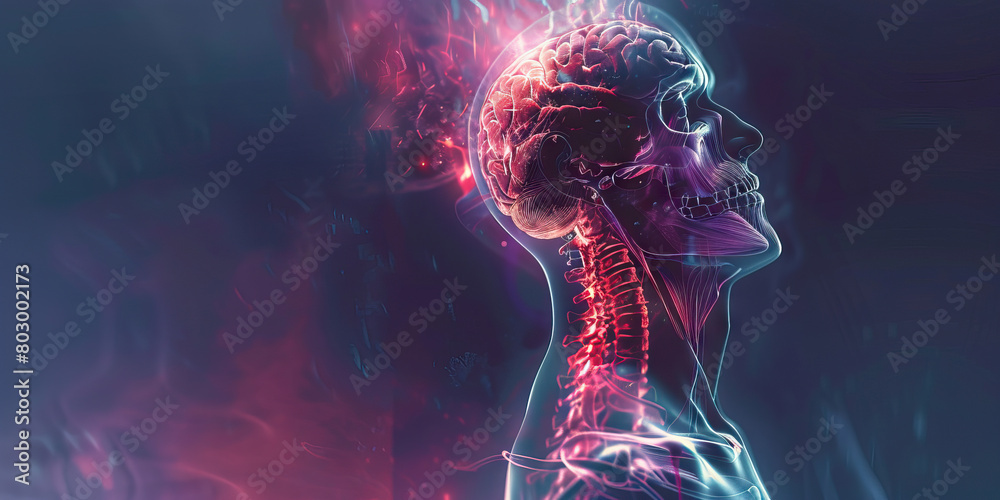 Obraz premium Posterior Fossa Syndrome: The Cerebellar Dysfunction and Speech Difficulties - Visualize a person with highlighted posterior fossa showing dysfunction, experiencing cerebellar dysfunction