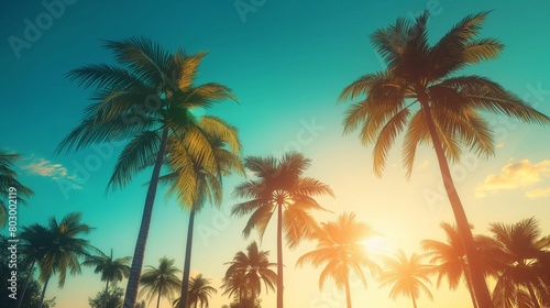 A vivid landscape of tall palm trees silhouetted against a clear blue sky.