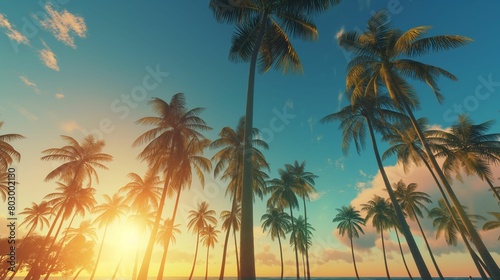 A vivid landscape of tall palm trees silhouetted against a clear blue sky.