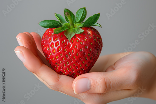 giant strawberry in a woman's hand, isolated light gray background photo