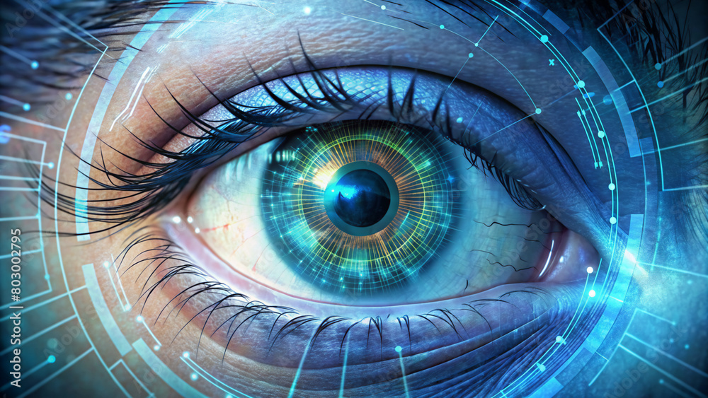 Closeup of AI robot eye concept being connected into the internet