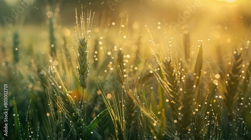 Morning dew on the wheat grain over the crop agricultral field photo