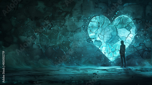Shattered heart symbol with cracks, against a dark background. A lone figure stands nearby, hunched in sorrow, their silhouette illuminated by a glimmer of hope, symbolizing resilience. photo