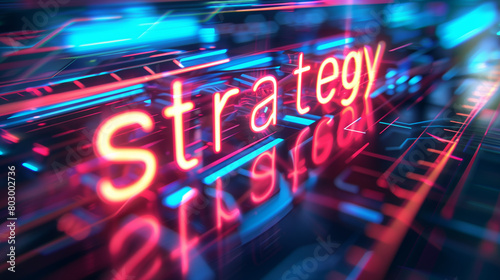 The words "Strategy" glow brightly in LED lights against a sleek, futuristic background, evoking a sense of innovation and forward-thinking. The vibrant colors and dynamic composition to visual impact