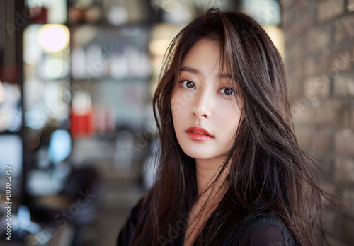 A closeup of a beautiful korean woman with long shiny hair of a healthy and smooth texture  in a hair salon background