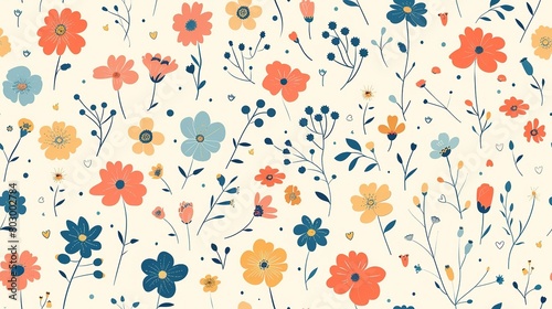 beautiful cosmos wildflower flower seamless pattern nursery design cartoon style illustration with grungy texture, Generative Ai