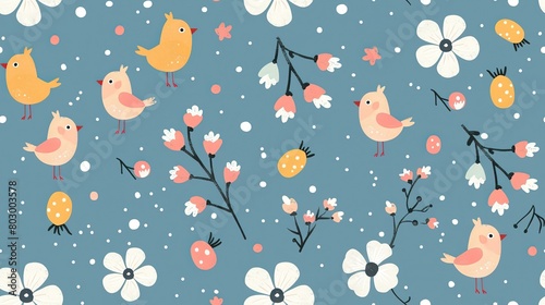 spring birds with flower and tree refreshing positive feeling, seamless pattern nursery design cartoon style illustration with grungy texture, Generative Ai