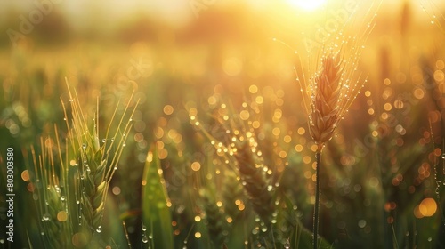 Morning dew on the wheat grain over the crop agricultral field photo