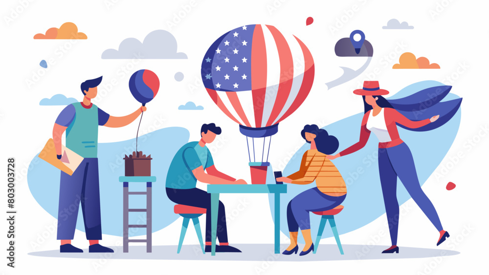 Naklejka premium A bustling balloon art workshop with artists diligently working on creating various patriotic sculptures.. Vector illustration