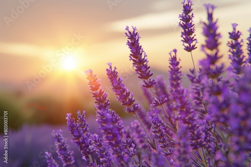 Scenic view of a vibrant french lavender field under the beautiful glow of the setting sun