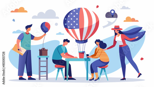 A bustling balloon art workshop with artists diligently working on creating various patriotic sculptures.. Vector illustration
