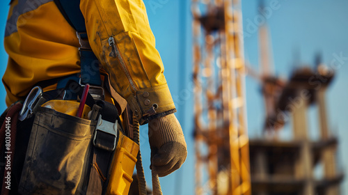 Close-up: Against the backdrop of a clear blue sky, a builder carefully guides a crane as it lifts heavy materials into place, their hands deftly manipulating the controls as they