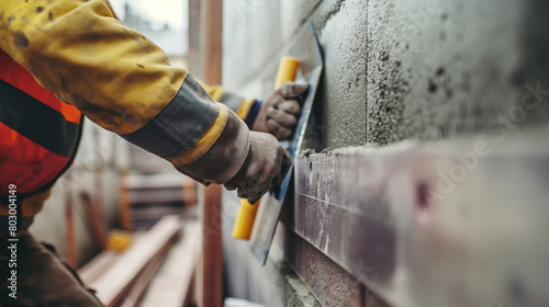 Close-up: With a level in hand, a builder checks the alignment of a wall, their keen eye and steady hand ensuring that every surface is straight and true, the satisfaction of a job photo