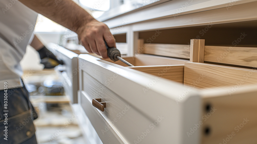 Close-up: Amidst the rhythmic whir of drills, workers carefully install sleek, modern cabinetry in the kitchens of the new residential apartments, each drawer and cabinet door a sy Close-up: Amidst the rhythmic whir of drills, workers carefully install sleek, modern cabinetry in the kitchens of the new residential apartments, each drawer and cabinet door a sy