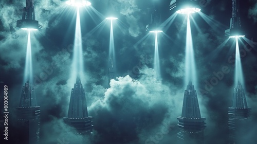 A series of futuristic, floating obelisks emitting beams of light that converge on a central cloud, representing advanced threat detection and neutralization in cloud security.  photo
