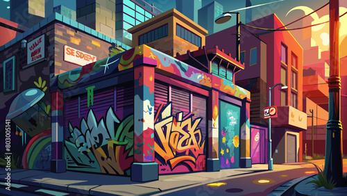Vibrant Urban Street Art on Sunset - Graffiti-Adorned Cityscape