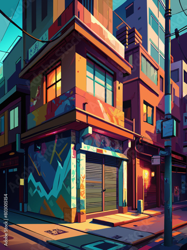 Vibrant Urban Sunset: Colorful Street Corner with Graffiti Art