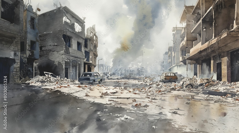 Watercolor illustration of a war-torn city street with damaged buildings and abandoned vehicles.