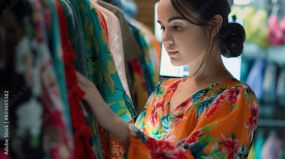 Obraz premium Close-up: Against a backdrop of neatly folded clothing, the young woman owner entrepreneur meticulously inspects a vibrant floral dress before adding it to a shipping box, her comp
