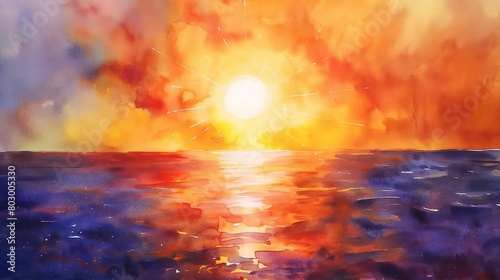 Watercolor illustration of sunset over the ocean. Abstract art style.