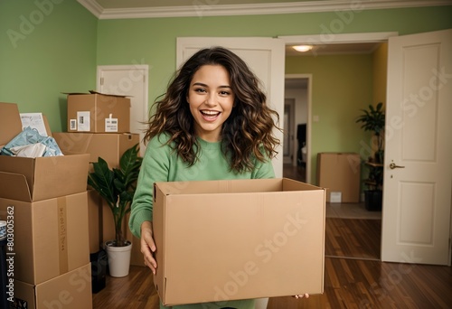 Young happy woman holding cardboard for moving into her new home (2)
