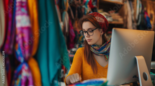 Close-up: Amidst a sea of colorful scarves and accessories, the young woman owner entrepreneur carefully selects items to fulfill online orders, her computer screen displaying cust photo