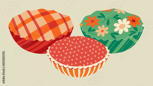 A set of patterned cloth bowl covers made from secondhand fabric and designed to reduce the need for plastic wrap.. Vector illustration