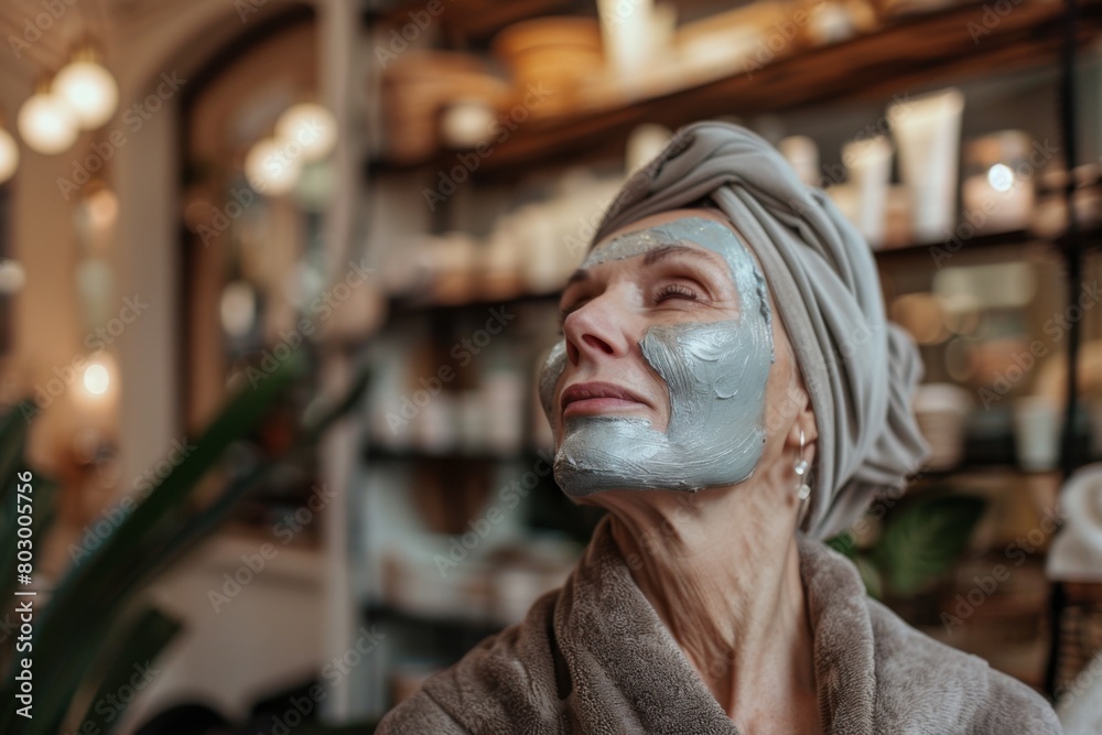 Mature White Woman with Face Mask in Beauty Salon, AI Created