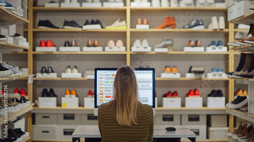 Close-up: Against the backdrop of shelves lined with shoeboxes, the young woman owner entrepreneur selects footwear to fulfill online orders, her computer screen displaying custome