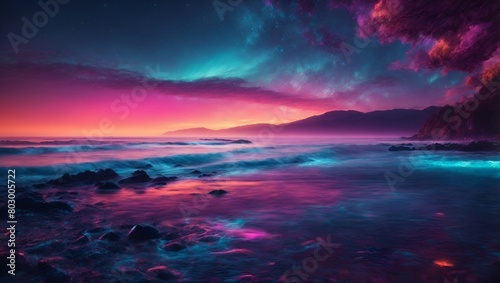 Enchanting Ethereal Landscape of Neon Ocean Life A Stunning Intricate Digital Artwork Design with Glowing Space Background in 8K HD for Mesmerizing Wallpaper and Art Decor Generative AI