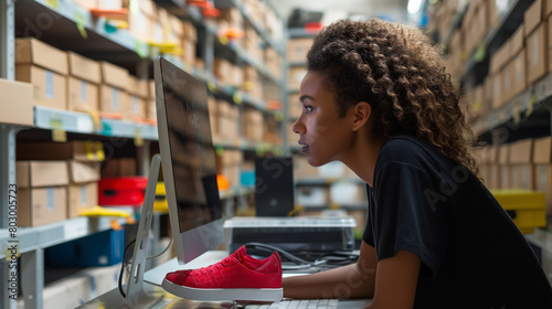 Close-up: Against the backdrop of shelves lined with shoeboxes, the young woman owner entrepreneur selects footwear to fulfill online orders, her computer screen displaying custome photo