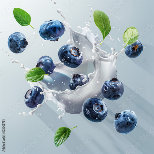 Blueberries in a milk, yoghurt splash, flying in the air in study light on a transparent background